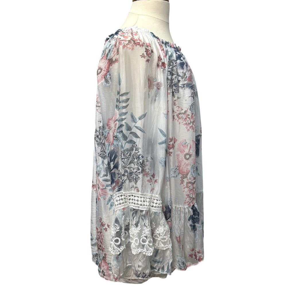 Belle France Silk Floral Boho Blouse XL Bell Sleeve Lace Boho Fairy Cottagecore - Picture 6 of 11